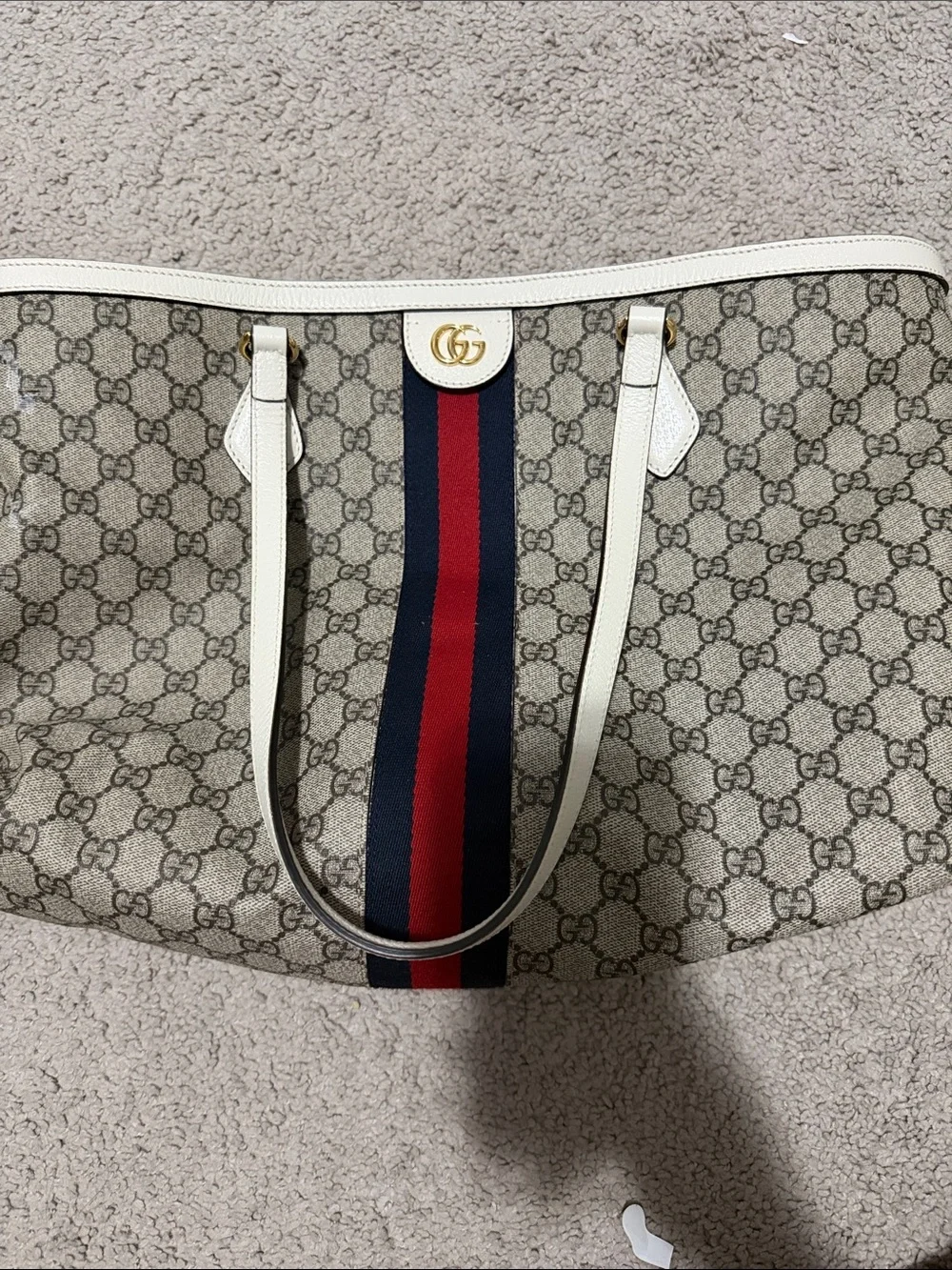 Gucci Beige GG Supreme Canvas Tote with Red & Blue Web Stripe and White Trim